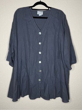 La Fixsun Blue 100% Linen 3/4 Sleeve Hi Low V-Neck Top Size Small Lagenlook